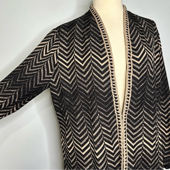 Misook Black Braided Trim Chevron Zig Zag Knit Long Cardigan Sweater Size L - Picture 4 of 12